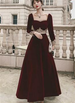 Picture of Elegant Wine Red Color Velvet Long Sleeves Party Dresses, Dark Red Color Evening Dresses